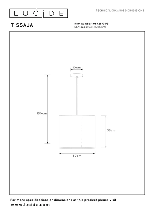 Lucide TISSAJA - Pendelleuchten - Ø 30 cm - 1xE27 - Weiß | Essential - technisch
